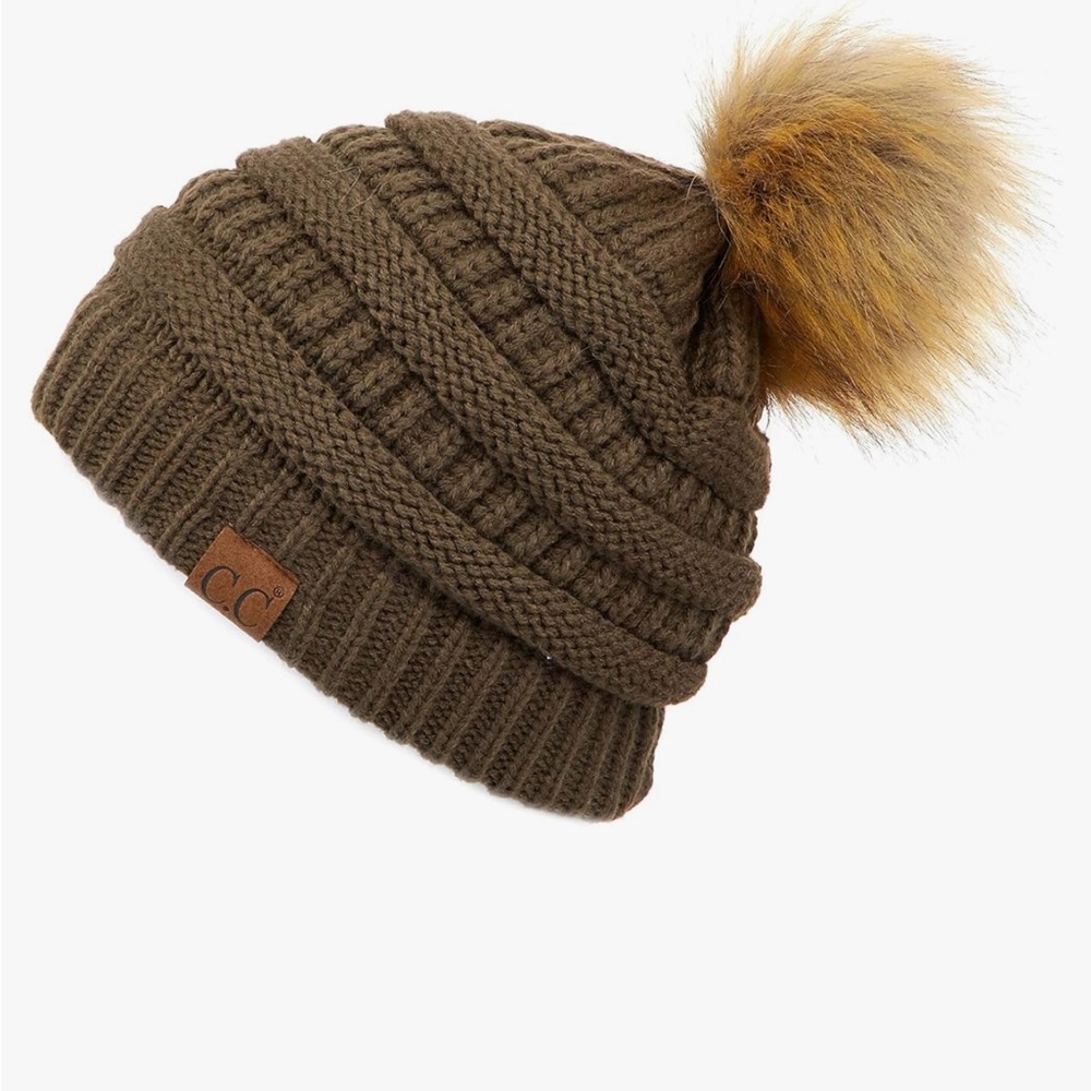 C.C Hatsandscarf Exclusives Unisex Solid Ribbed Beanie with Pom olive